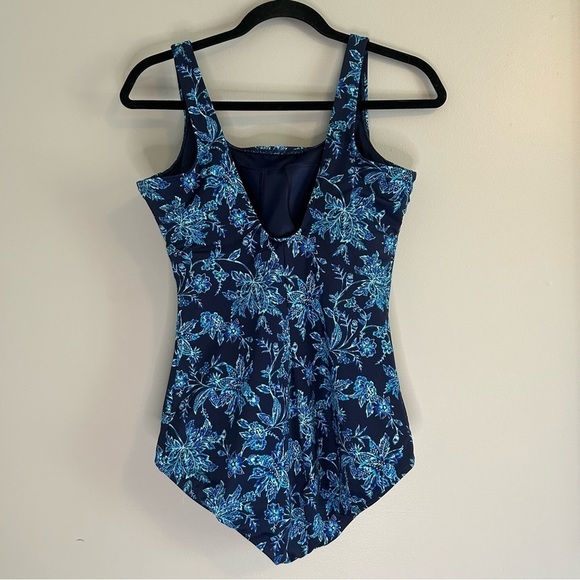 Women's Chlorine Resistant High Leg Soft Cup Tugless Sporty OnePiece Blue Floral - Picture 3 of 4